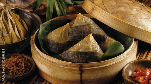 Traditional Chinese Rice Dumpling (Zongzi) wrapped in bamboo leaves, showcased in a rustic bamboo steamer, offers an authentic glimpse into Asian culinary traditions. photo