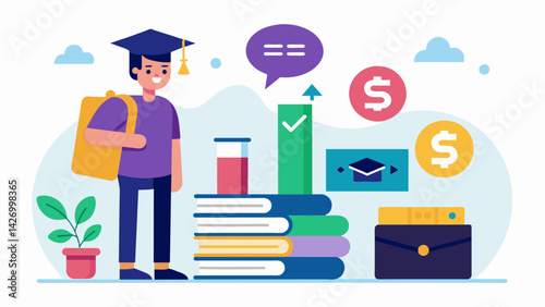 A visual representation of the correlation between financial literacy and lower rates of student loan debt encouraging students to take the course to. Vector illustration