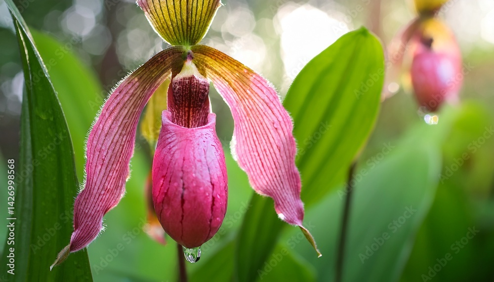Obraz premium tall slipper plant pink color with droplets beautiful in nature background