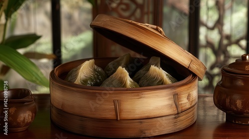 Traditional Chinese Rice Dumpling (Zongzi) wrapped in bamboo leaves, showcased in a rustic bamboo steamer, offers an authentic glimpse into Asian culinary traditions. photo