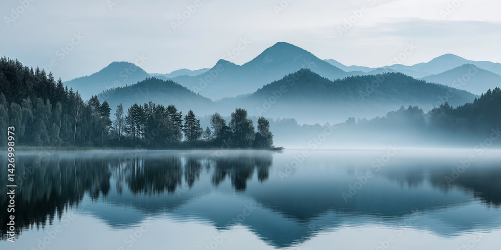 Tranquil Misty Lake and Mountain Reflection Tranquil Misty Lake and Mountain Reflection