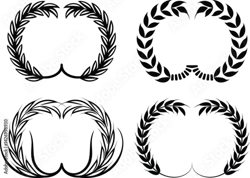 Set of wreaths and branches with leaves. Hand drawing laurel wreaths and branches collection. Laurels wreaths, swirls, twigs and flower ornaments. Herbs, love laurel wreaths
