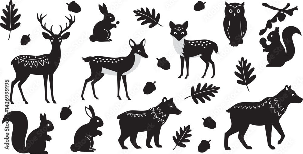 Obraz premium This vector set showcases a black silhouette collection of various wild and farm animals, including a horse, dog, deer, elephant, cat, cow, wolf, goat, and giraffe, perfect AI Generative
