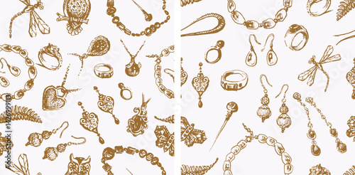 Seamless patterns of sketches various female jewelry, earrings, rings, brooches, bracelet, pendants, vector background, paper, wrapper, fabric