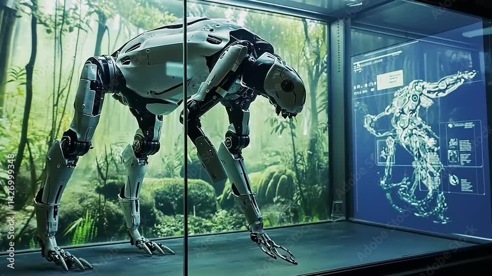 Futuristic robotic exhibit in a simulated jungle environment with schematic diagram
