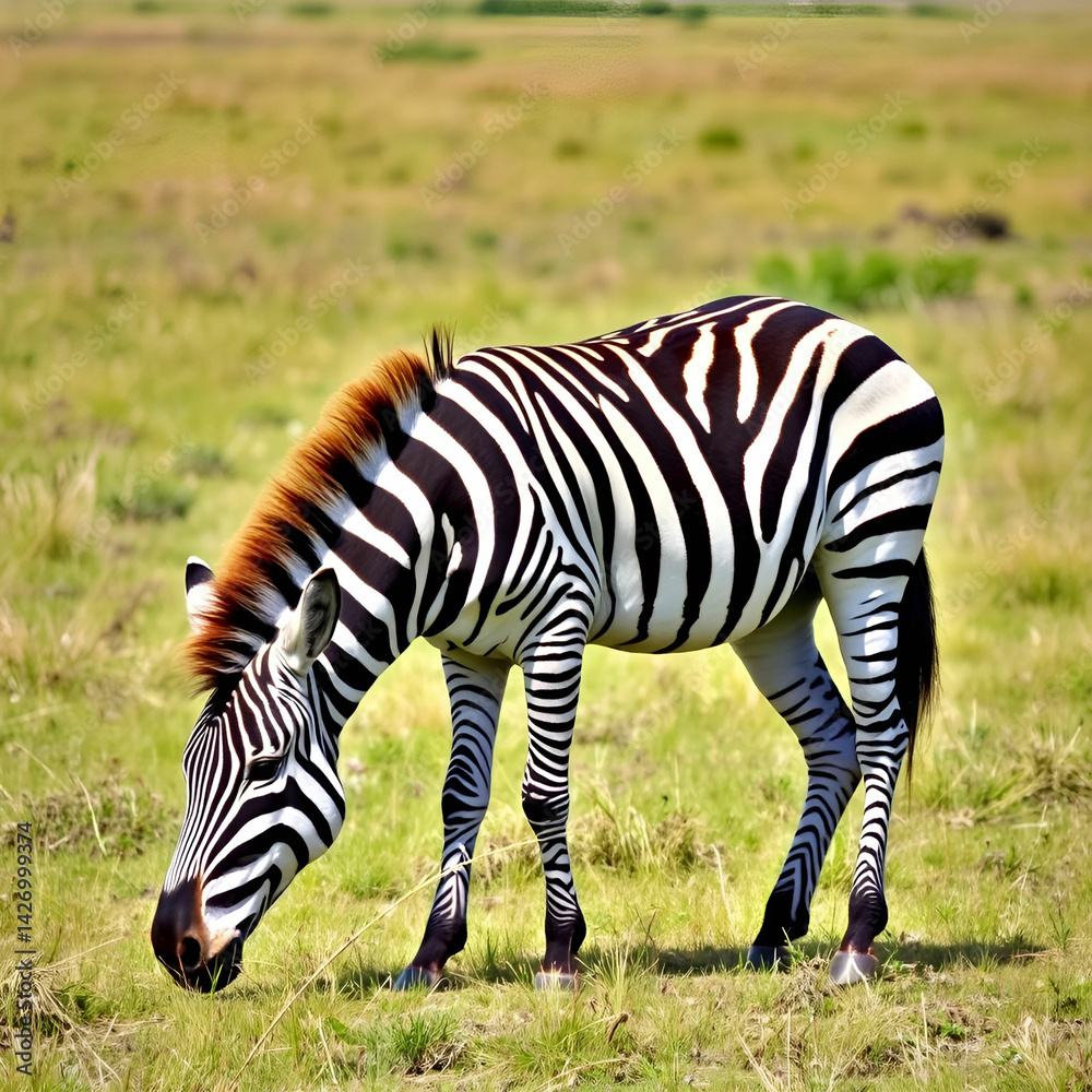 Naklejka premium Zebra Grazing Peacefully in a Wide grassy Open Field