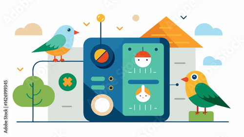 A customizable habitat controller that allows pet owners to set and maintain the ideal conditions for their birds wellbeing including light. Vector illustration