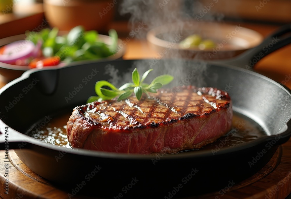 Fototapeta premium sizzling steak cooking cast iron skillet juicy texture savory aroma, grill, beef, sear, meal, food, juiciness, seasoning, heat, chef, pan, fat, crispy