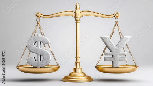 The delicate balance of US dollar and Japanese yen, a symbolic representation of global economic interdependence, captured in a clean, minimalist setting with gold scales.