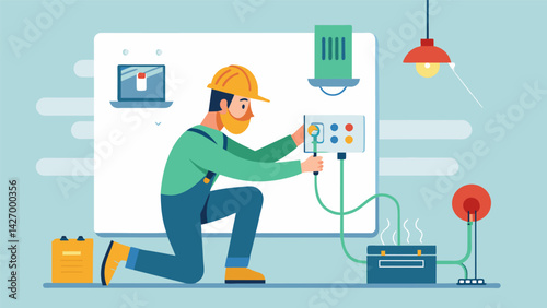 A worker using specialized tools to run electrical wiring for a new thermostat installation as part of the HVAC system.. Vector illustration