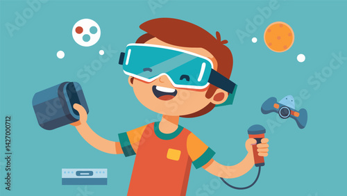 As the last piece of packaging is removed a virtual reality headset with hand controllers awaits ready to transport the child to new virtual worlds.. Vector illustration