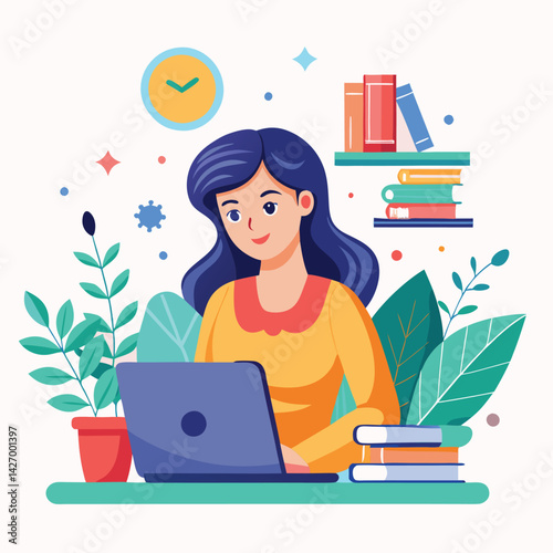 Woman working on laptop surrounded by books and plants