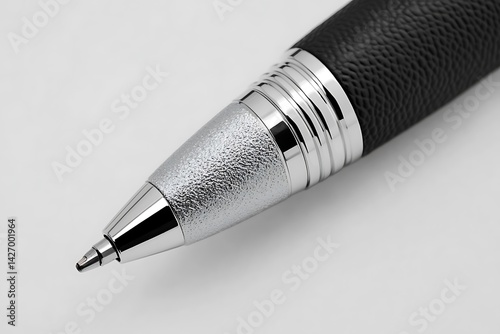 Close-up of a ballpoint pen's tip and upper section.