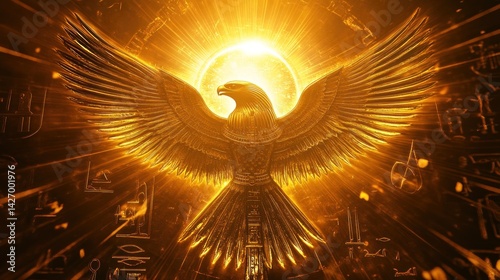 Golden eagle soaring, ancient symbols, radiant light photo