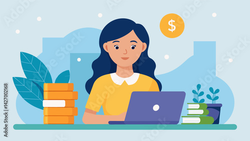 A young woman working at a parttime job a determined look on her face as she saves every penny to cover the remaining expenses after receiving a. Vector illustration