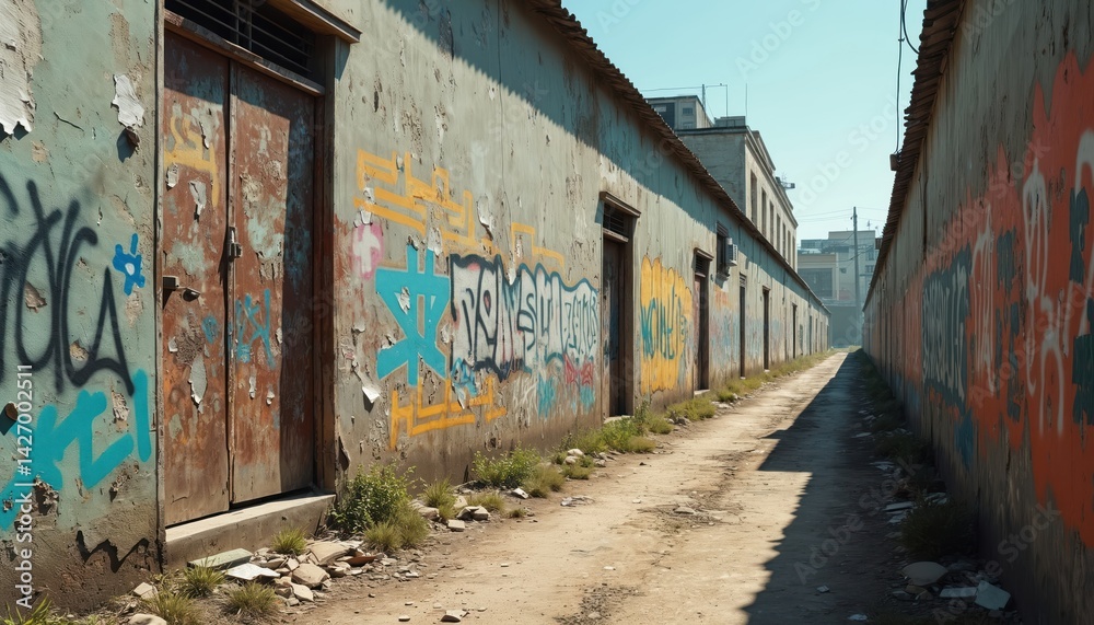 Fototapeta premium Urban alley scene with graffiti art on weathered walls. Marks of violence visible. Abandoned buildings show poverty. Graffiti art, decay, crime significant aspects of environment. Illustration of