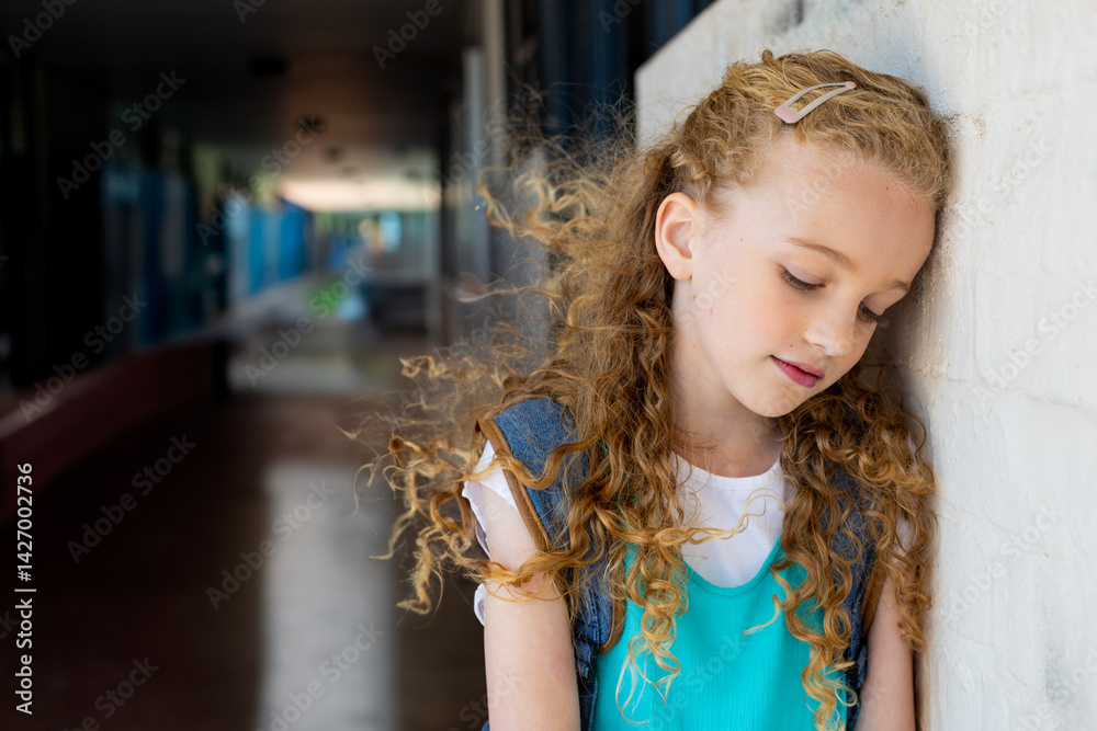 young girl leaning against brick wall in school corridor wearing teal dress denim jacket hair clip