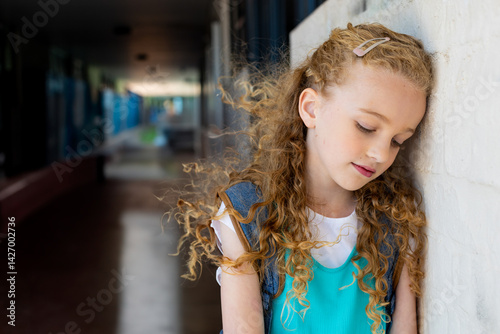 Obraz na płótnie young girl leaning against brick wall in school corridor wearing teal dress denim jacket hair clip w salonie