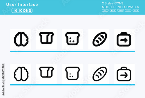 Set of 5 rounded user interface icons,brackets, round, square, braille, brain, circuit