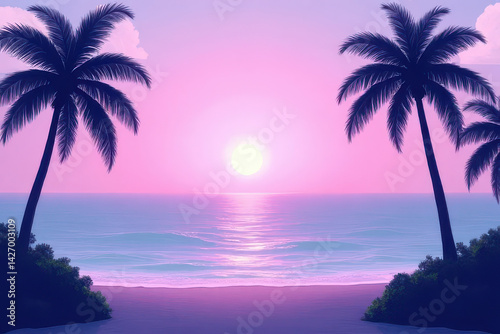 Discover Serene Seaside Dusk: Tropical Paradise with Lavender Sky, Calm Ocean & Palm Trees