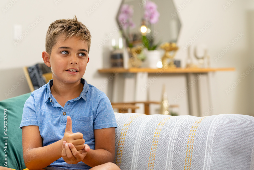 Male child giving thumbs up on patterned couch with green pillow in living room, copy space