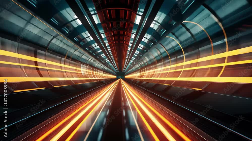 A high-speed data transmission tunnel showcasing one-point perspective with vibrant lines of light and futuristic architecture during a dynamic technology experience