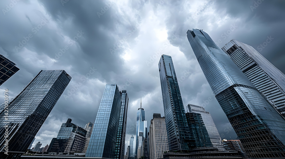 Low Angle View Of Skyscrapers Under A Stormy Sky Low Angle View Of Skyscrapers Under A Stormy Sky