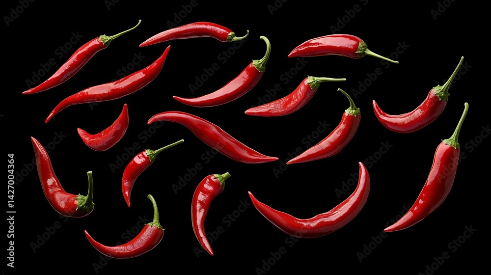 Dynamic freeze motion of flying chili peppers on a black background Dynamic freeze motion of flying chili peppers on a black background