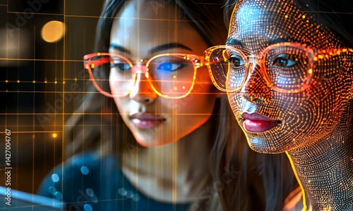 Woman with orange glow effect. Futuristic tech vibe with blurred background and glasses