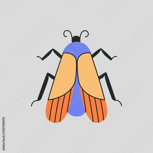 Colorful insect with orange, blue and yellow body. Bug with four legs, and antennae in flat cartoon style, resembling beetle, firefly, cicada and leaf insect vector illustration on grey background