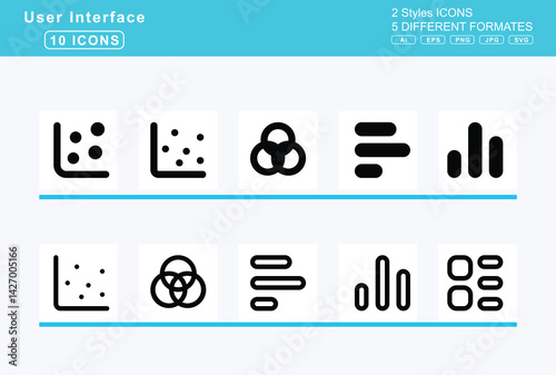 Set of 5 rounded user interface icons,chart, pie, pyramid, radar, scatter, d
