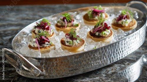 Chilled cod roe served in its membrane on mini pancakes with fresh toppings on ice