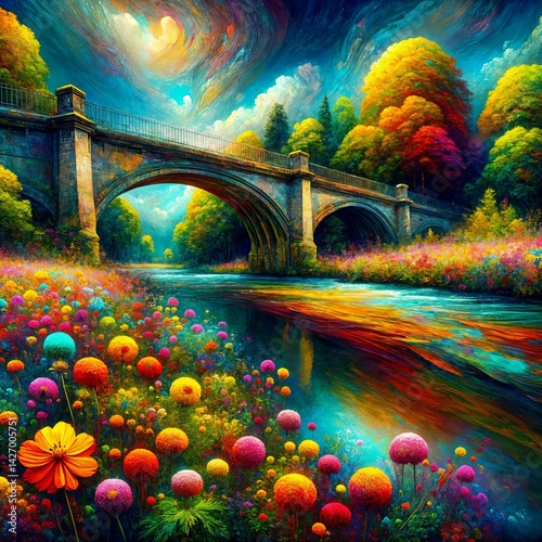 A stone bridge arches gracefully over a river surrounded by an explosion of colorful flowers and foliage. The sky above swirls with dramatic colors, enhancing the surreal riverscape,  Gen, A.I.