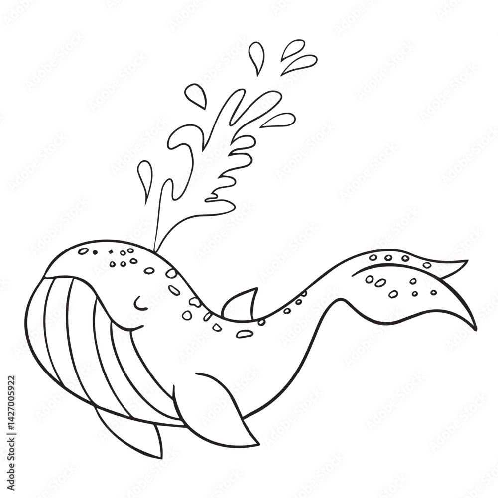 Obraz premium Vector illustration of children's coloring pages sea animals. Cute whale with a fountain smiling cartoon sea animal. Simple funny kid's drawing. Black lines, sketch on a white background.