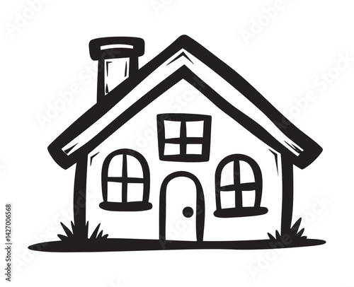 Simple house illustration in black and white, representing home  