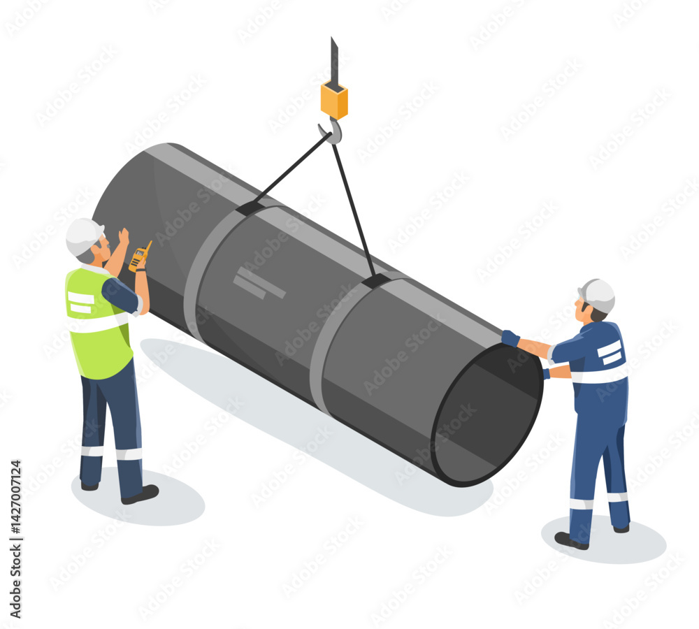 Industrial workers coordinating the lifting of a large steel pipeline using a crane, showcasing teamwork and safety procedures in heavy duty construction operations isometric isolated