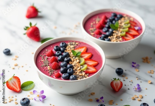 Obraz na płótnie vibrant colorful smoothie bowls decorated fresh fruits toppings assembling eye catching healthy breakfast delight, berry, avocado, coconut, granola, nut w salonie