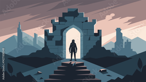 A person stands amidst the ruins of a castle their inner fortress of peace having withstood the test of time and adversity.. Vector illustration