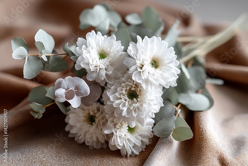 An elegant bouquet of white chrysanthemums and green eucalyptus arranged with a touch of rustic charm, lying on a light brown fabric with botanical textures, perfectly embodying a calming, nature-