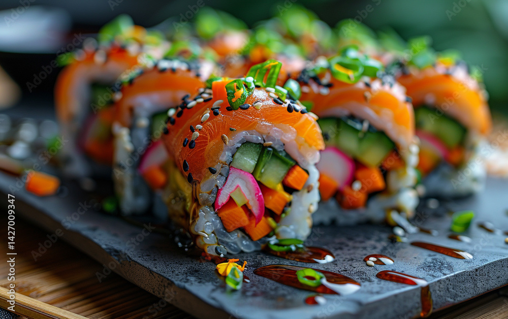 Fototapeta premium Colorful veggie sushi roll with avocado, carrot, and soy sauce drizzle—ideal for healthy eating, Japanese cuisine, and plant-based food-themed stock photography.