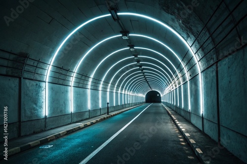 White neon lamps in a dark tunnel. Reflections on the walls - generated by ai