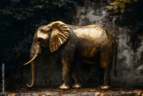 Golden elephant statue stands in front of stone wall