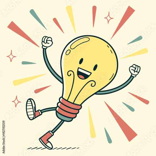 Lightbulb Doing a Victory Dance – Fun and Energetic Cartoon Idea Vector Illustration