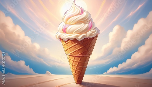 2d illustration painting of ice cream waffle cone soft serve anime food style
