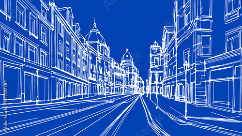 City street sketch illustration design. Buildings shops windows street lights shown. Architectural projects real estate tourism concepts works. White line drawing art perspective view