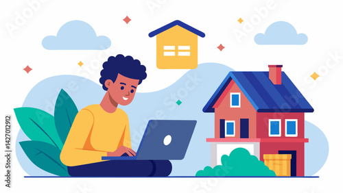 A young professional scrolls through real estate listings dreaming of owning her own home someday but knows she must first tackle her overwhelming. Vector illustration