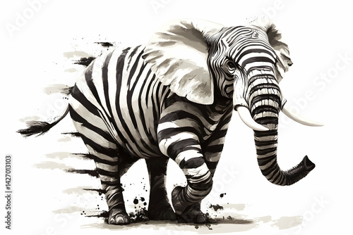 Zebra striped elephant walking on a white background