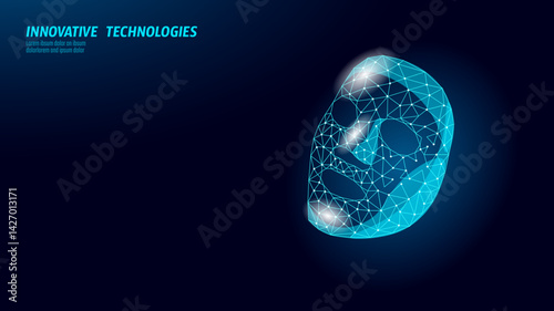 Abstract polygonal human face illustration. Blue lines face structure. Biometrics future technology projects. Digital futuristic low-poly art with dark blue background