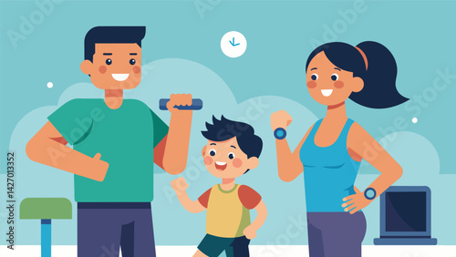A parent beams with pride as they watch their child lead a miniworkout session for their friends using their fitness tracker to keep track of their. Vector illustration