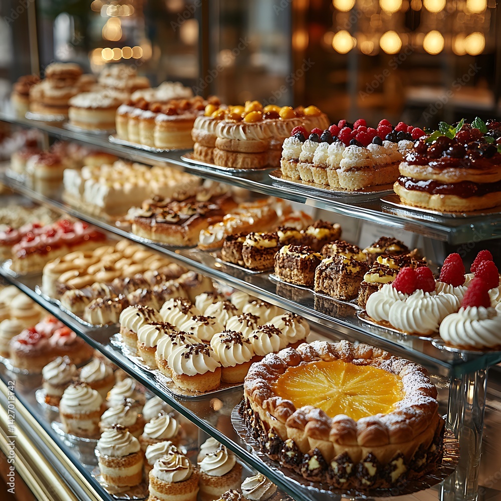 Display Case Full Of Delicious Pastries Cakes And Desserts At Patisserie Photo Display Case Full Of Delicious Pastries Cakes And Desserts At Patisserie Photo